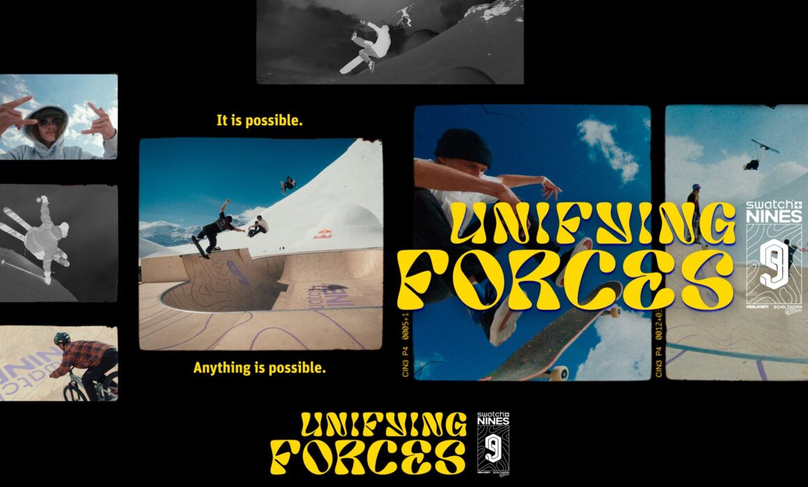 Collage of skiers, snowboarders and skateboarders sessioning together at a mini ramp on a mountain. A yellow titles reads "Unifying Forces".