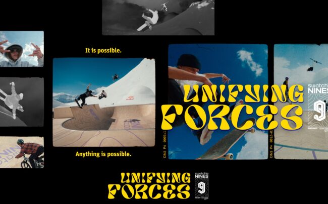 Collage of skiers, snowboarders and skateboarders sessioning together at a mini ramp on a mountain. A yellow titles reads 