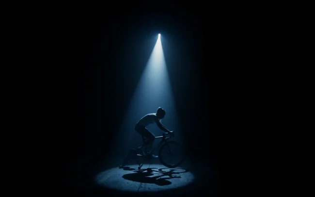 A female cyclist pedaling in a dark room with only a spotlight shining on her.