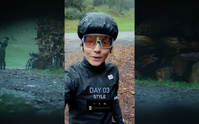 Elisa Deutschmann recording herself for her social media during the first rain day.