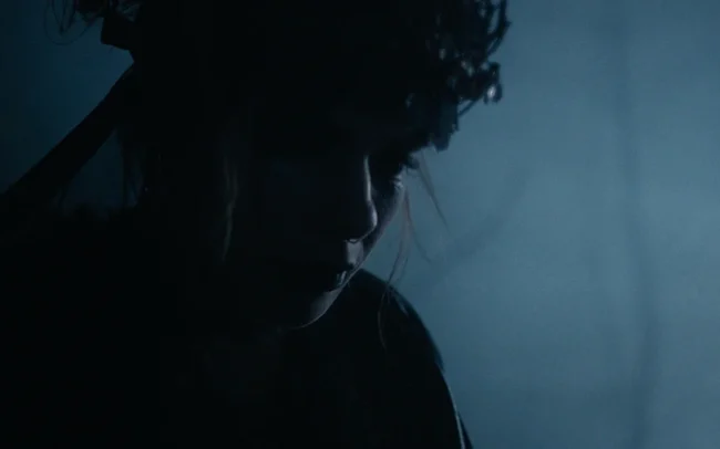 Medium shot of the witch of HECATE standing in a dark forest with fog.