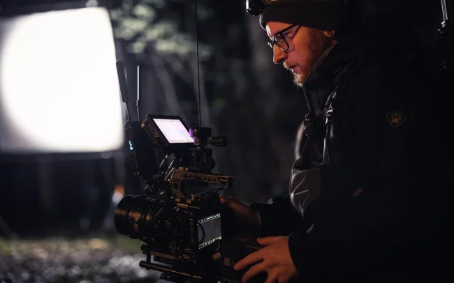 Director of Photography Imanuel Thallinger operating the camera on the set of Hecate.