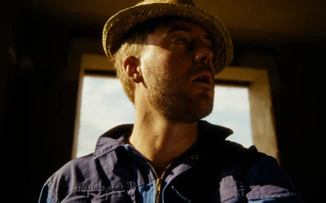 Cinematic close-up shot of comedian Jonny Balchin using a Snorricam mounted to his body.