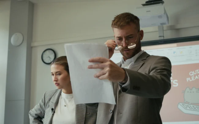 Creators AustrianKiwi and Stefanie Harms - thisisstevie - posing as humorous English teachers at the front of a classroom during a Holy Moly Films video production.